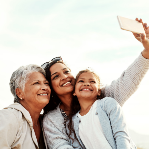 generational family taking picture, grandmother, mother, daughter