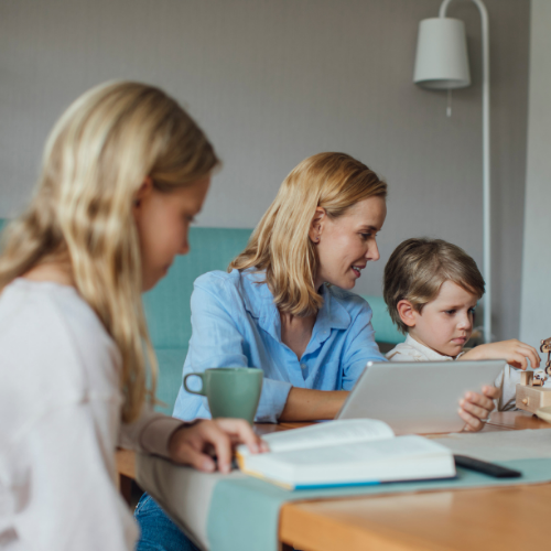 mom speaking with kids